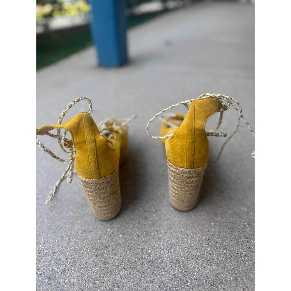 Tory Burch Mustard Suede Lace-Up Platform Block Heel Sandals | Size 8 in Yellow - Picture 4 of 5